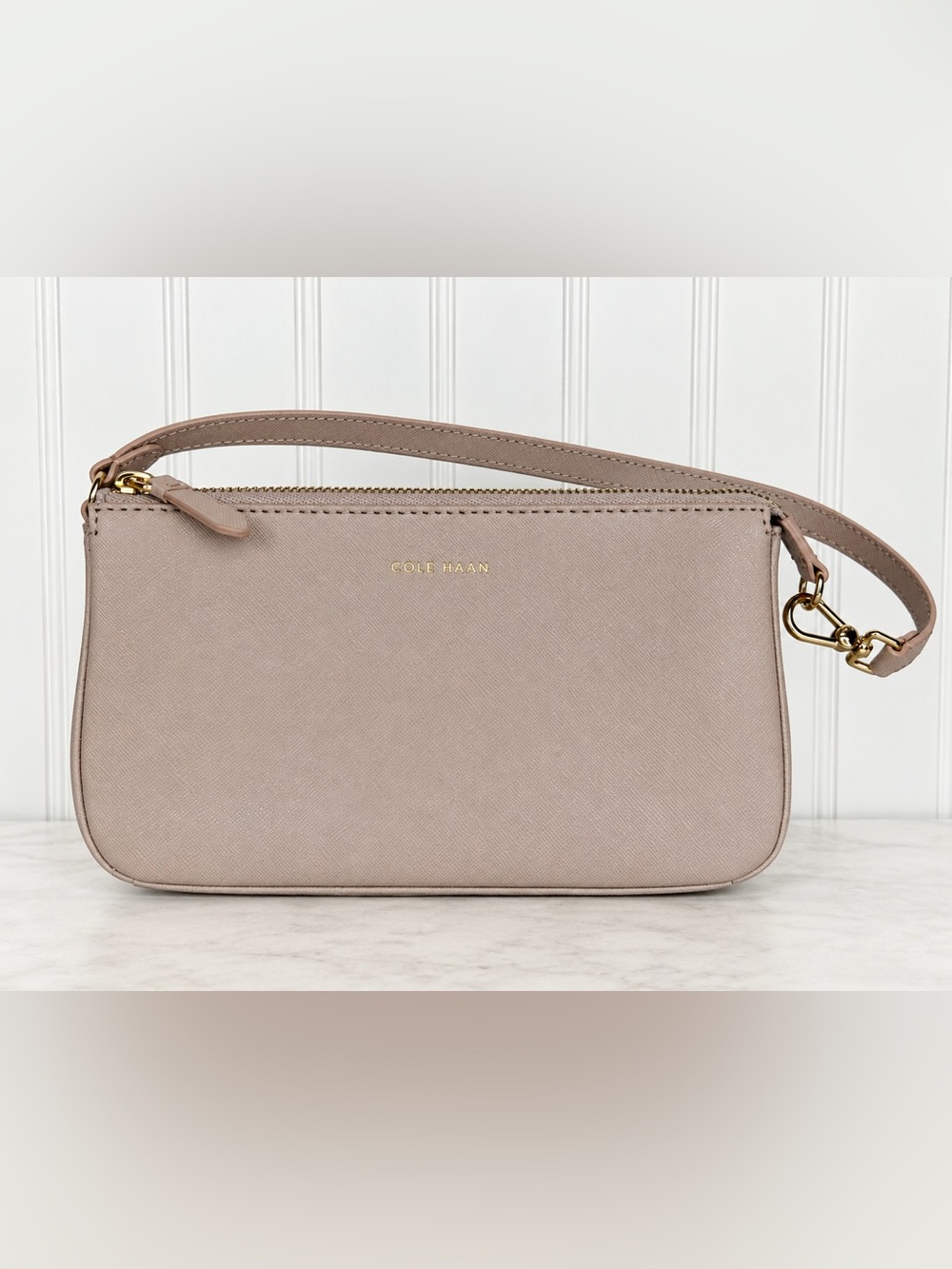 Cole Haan Taupe Leather Baguette Shoulder Bag Gold Hardware
